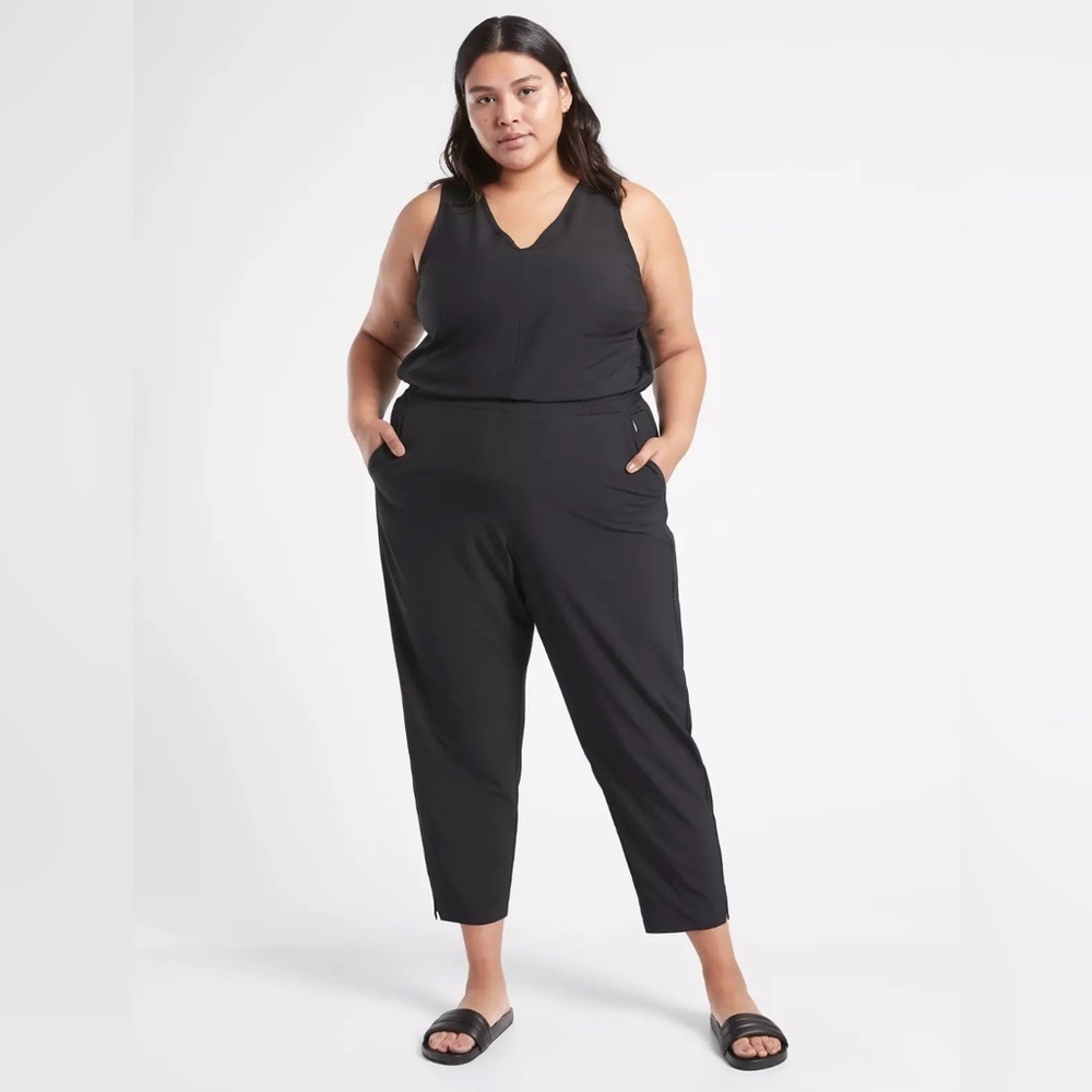 Athleta Brooklyn Jumpsuit Black Ribbed Sides Crop Ankle Length One Piece